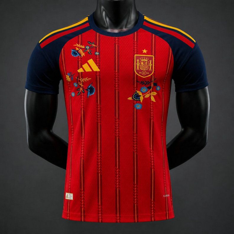 Camiseta de futbol España Mundial 2026 edicion floral version jugador roja azul kkgoolcamiseta