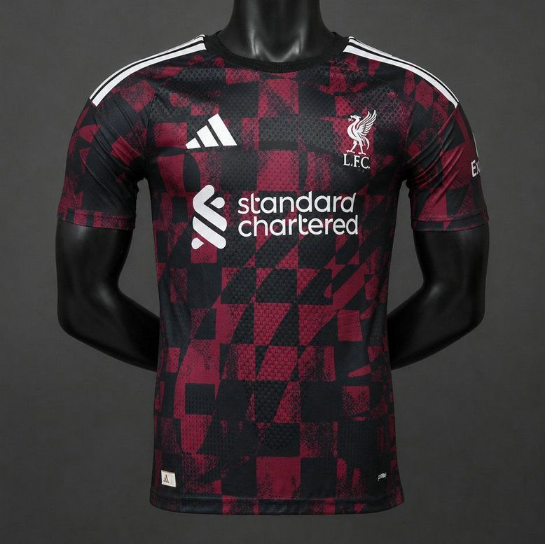 Camiseta de futbol Liverpool tercera equipacion version jugador 2026 2027 negra y roja patron arlequin kkgoolcamiseta