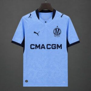 Camiseta Olympique de Marseille tercera equipacion 2026 2027 azul celeste con estampado botanico kkgoolcamiseta