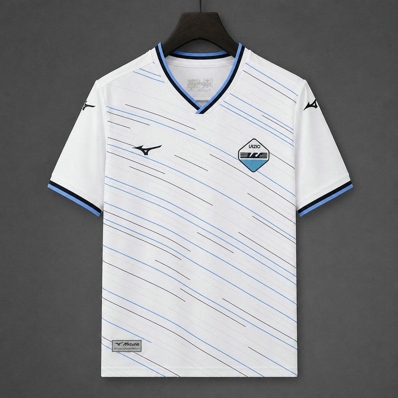 Camiseta SS Lazio segunda equipacion 2026 2027 blanca con lineas diagonales celestes y negras kkgoolcamiseta