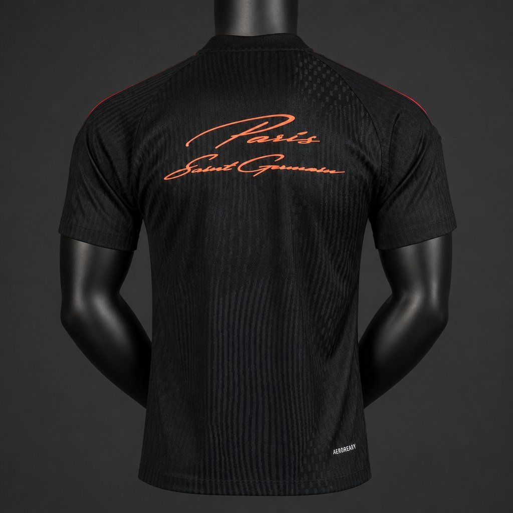 Camiseta psg tercera equipacion negra y naranja 2026 2027 vista trasera