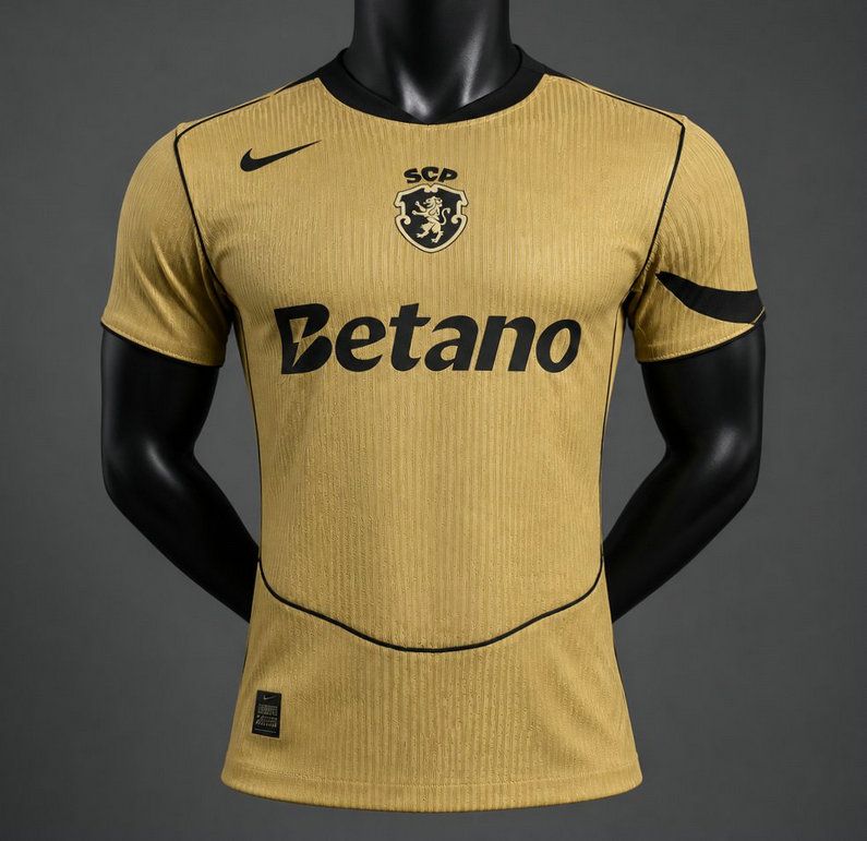 Camiseta sporting cp segunda equipacion dorada y negra 2026 2027 version player kkgool